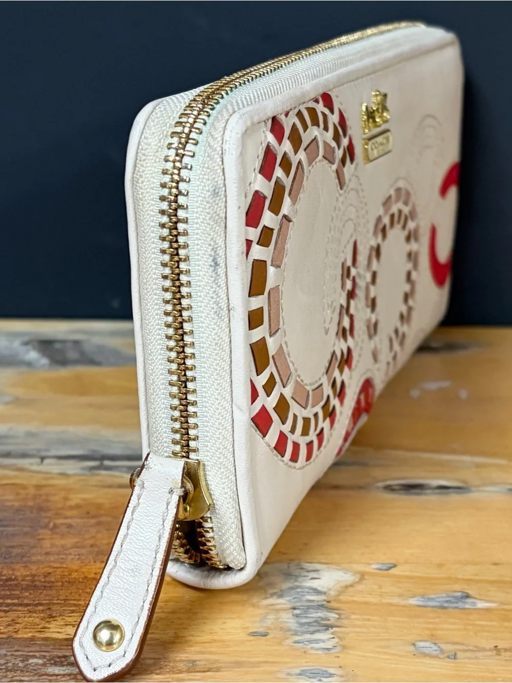 Coach Chelsea Inlaid Charlie Zip Wallet Mosaic Art Design Cream Red